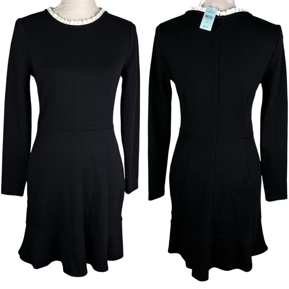 Loft Dress Black 4P Petite Stretch LBD Ruffle Neck LS New